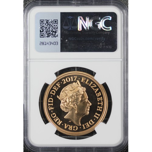 160 - 2017 Five sovereign/five pounds, NGC MS70 DPL, Elizabeth II. Struck to brilliant uncirculated standa... 