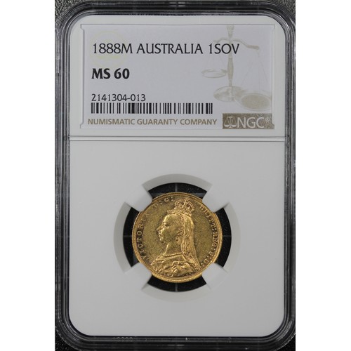 155 - 1888-M Sovereign, NGC MS60, Victoria Jubilee head. Rev. St. George and the Dragon (M on ground below... 