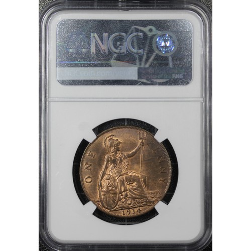 44 - 1914 Penny, NGC MS64RB, George V. Delightfully lustrous with rich copper-orange hues. Mid-teen years... 