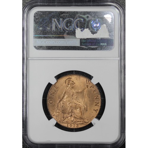 43 - 1913 Penny, NGC MS63RB, George V. A bright, vibrant example with plentiful lustre. Mid-teen years of... 