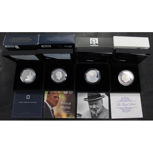 202 - Silver proof £5 coins (4) comprising 2015 Churchill, 2015 Princess Charlotte Royal Birth, 2017 Sapph... 