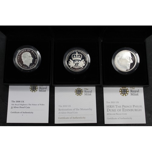 203 - Silver proof £5 coins (3) comprising 2008 Prince of Wales 50th Birthday, 2010 Restoration of the Mon... 