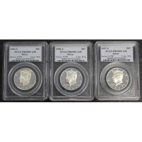 324 - USA, a trio of silver proof Kennedy half dollars, all graded PCGS PR69DCAM. Comprising 1993-S, 996-S... 