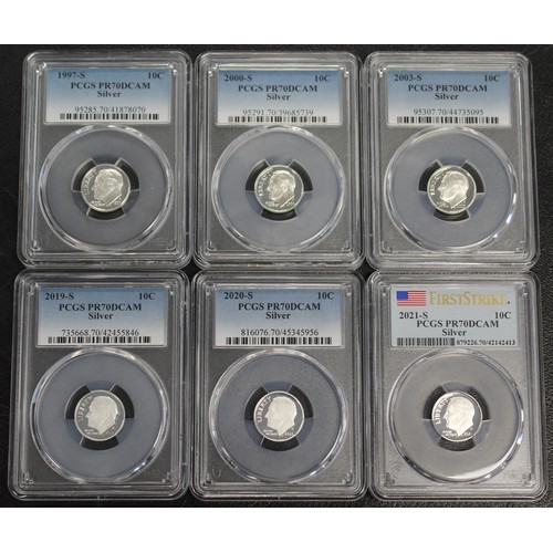 327 - USA, a collection of silver proof Roosevelt dimes (6), all graded PCGS PR70DCAM. Comprising 1997-S, ... 