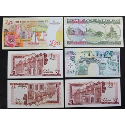 16 - UK Territory banknotes (6) comprising Guernsey £20, Falkland Islands £10, Gibraltar £5 and Gibraltar... 