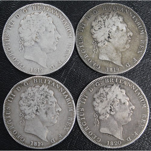 313 - Crowns (4) all George III comprising 1819 LX (2), 1819 LX no stop after TUTAMEN & 1820. Generall... 