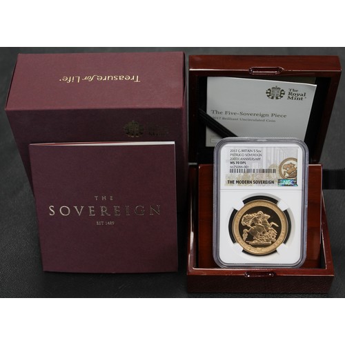 160 - 2017 Five sovereign/five pounds, NGC MS70 DPL, Elizabeth II. Struck to brilliant uncirculated standa... 