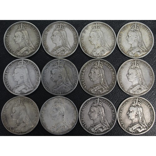 310 - Crowns (12) all Victoria Jubilee head comprising 1887 (3), 1888 (1), 1889 (2), 1890 (2), 1891 (2) an... 