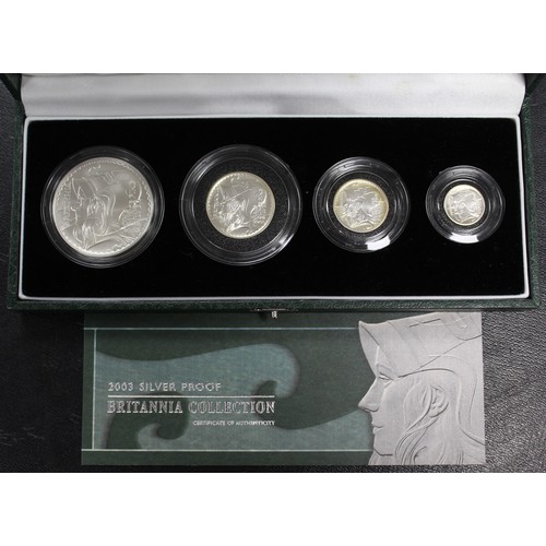 194 - 2003 Silver Britannia 4-coin proof set, Elizabeth II. Special reverse design with helmeted Britannia... 