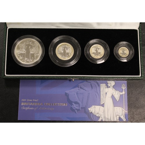 193 - 2001 Silver Britannia 4-coin proof set, Elizabeth II. Special reverse design of Britannia and the Li... 