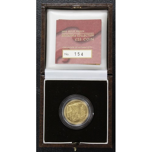 189 - 2003 ¼oz gold proof Britannia £25, Elizabeth II. Special reverse design with helmeted Britannia by P... 