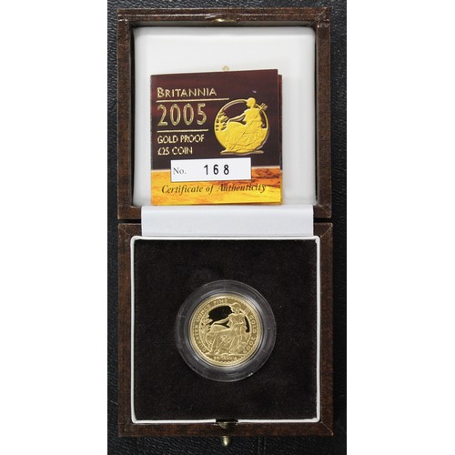 190 - 2005 ¼oz gold proof Britannia £25, Elizabeth II. Reverse seated Britannia design by Philip Nathan. A... 