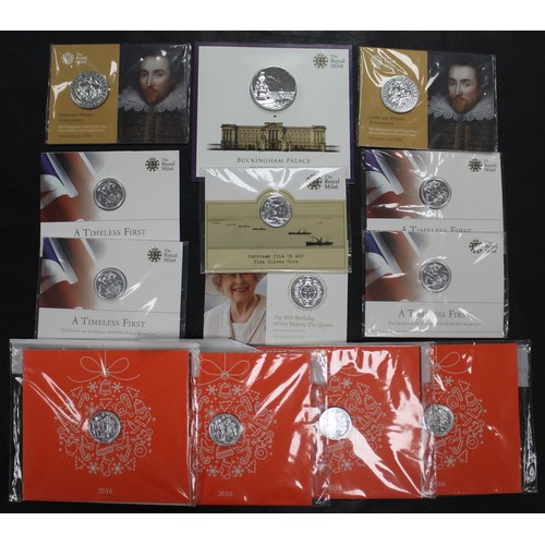 206 - A selection of BUNC fine silver coins comprising 2015 Buckingham Palace £100, 2016 William Shakespea... 