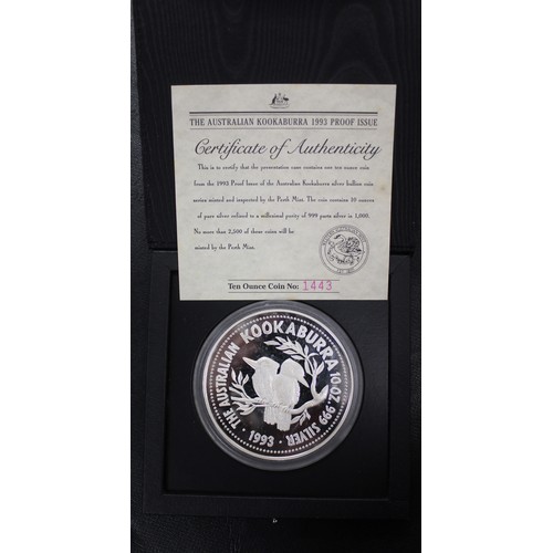 290 - Australia, 1993 10oz silver proof Kookaburra. As issued complete with case & COA. A scarce issue... 