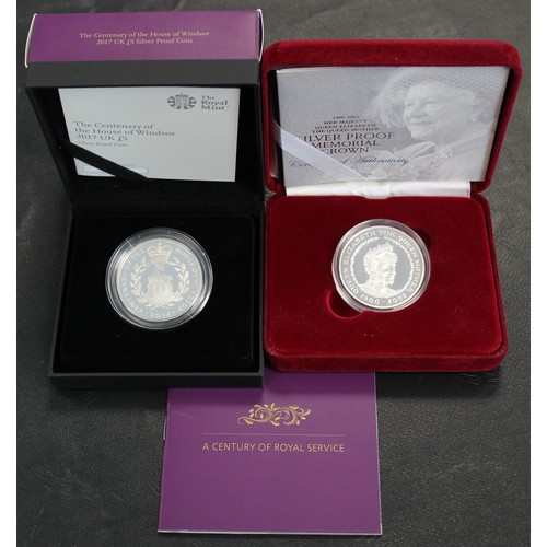 204 - Silver proof £5 coins (2) comprising 2002 Queen Mother Memorial & 2017 Centenary of the House of... 