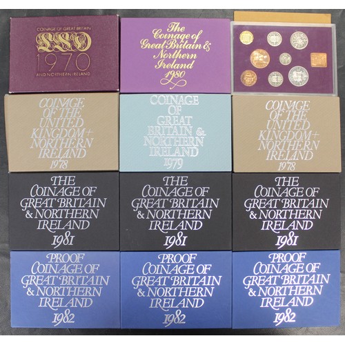 282 - Royal Mint proof sets (12) comprising 1970 (2, one no outer but with booklet), 1978 (2), 1979, 1980,... 