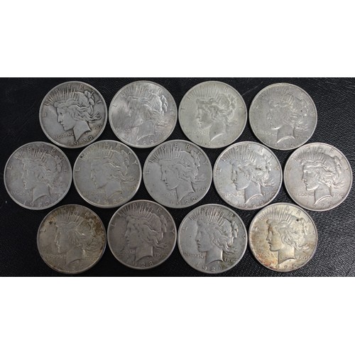 322 - USA, Peace dollars (13) comprising 1922 (3), 1922-D (2), 1922-S (2), 1923-D, 1923-S, 1924, 1924-S, 1... 