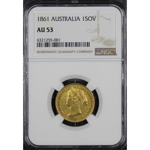 180 - Australia, 1861 Sovereign, NGC AU53, Victoria. Obv. Small young head crowned in a wreath of Banksia,... 