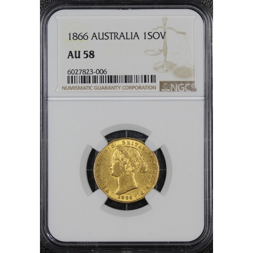 182 - Australia, 1866 Sovereign, NGC AU58, Victoria. Obv. Small young head crowned in a wreath of Banksia,... 