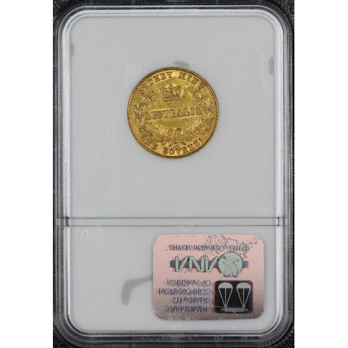 183 - Australia, 1870 Sovereign, NGC XF45, Victoria. Obv. Small young head crowned in a wreath of Banksia,... 