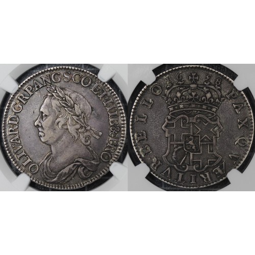 41 - 1658 Halfcrown, NGC XF40, Oliver Cromwell. Obverse draped bust facing left, Reverse with crowned shi... 