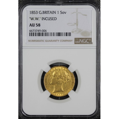 150 - 1853 Sovereign, NGC AU58, Victoria young head, shield reverse. W.W. incuse on truncation. EF, rare [... 