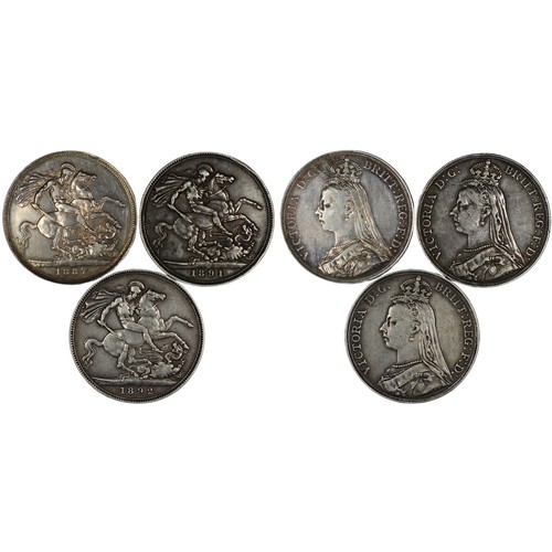 312 - Crowns (3) all Victoria Jubilee head comprising 1887, 1891 and 1892. The first cleaned, nVF, the oth... 