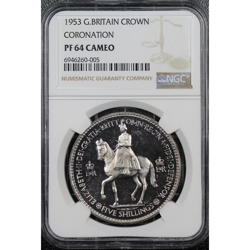 140 - 1953 Crown, NGC PF64 Cameo, Elizabeth II.  A number of surface marks otherwise an appealing example ... 