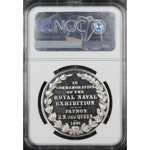 21 - TOP POP NGC MS65DPL 1891 Royal Navy Exhibition Medal in white metal by A. E. Warner. Featuring H.M.S... 