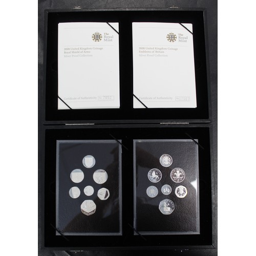 265 - 2008 Silver proof Emblems of Britain and Shield of Arms year sets in dual presentation box with info... 