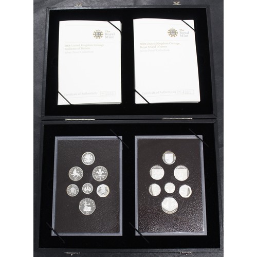 263 - 2008 Silver proof Emblems of Britain and Shield of Arms year sets in dual presentation box with info... 