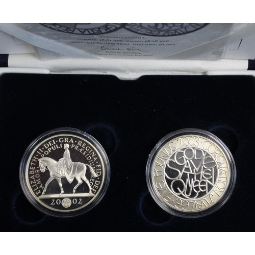 247 - 2002 & 2003 Royal Celebration silver proof £5 2-coin set, Elizabeth II, with the issues celebrat... 