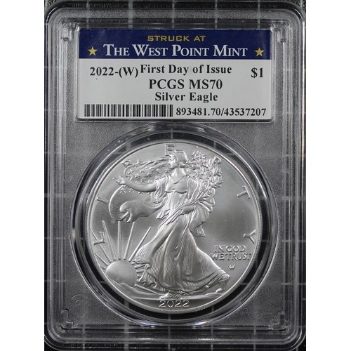 318 - USA, 2022-(W) 1oz silver eagle $1, PCGS MS70. Struck at the West Point Mint with less than 200,000 m... 