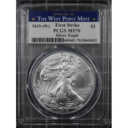 316 - USA, 2019-(W) 1oz silver eagle $1, PCGS MS70. Struck at the West Point Mint with less than 200,000 m... 