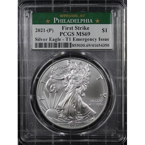 317 - USA, 2021-(P) Type 1 emergency issue 1oz silver eagle $1, PCGS MS69. Struck at the Philadelphia Mint... 