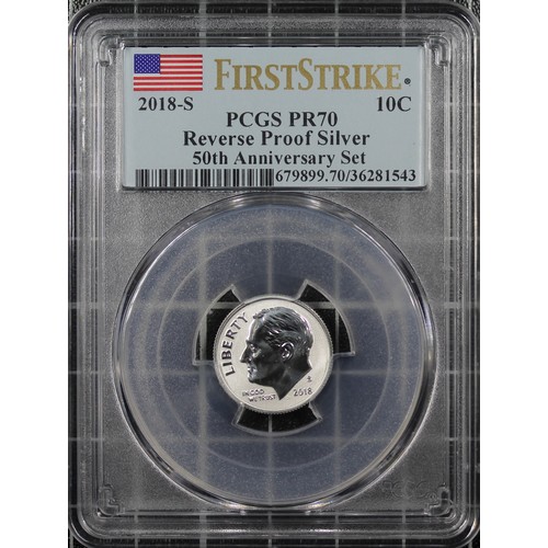 328 - USA, PCGS PR70 2018-S Reverse proof 10C dime from the 50th Anniversary Set. As struck, FDC, and pres... 