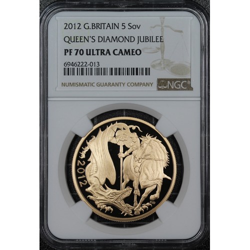 159 - NGC PF70 Ultra Cameo 2012 Gold proof five sovereign/five pounds, Elizabeth II. Special reverse with ... 