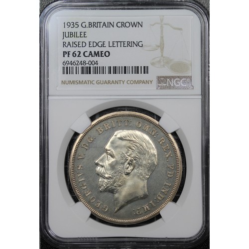 92 - 1935 Raised Edge Proof Crown, NGC PF62 Cameo, George V. Struck on heavily prepared blank, the obvers... 