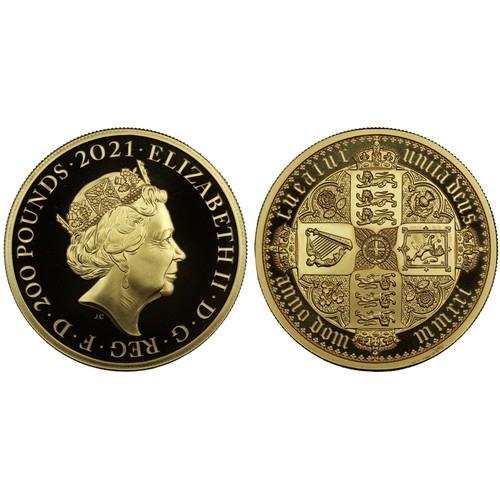 174 - 2021 Gold proof 2oz £200 featuring the Gothic Crown Quartered Arms, Elizabeth II. Part of the Great ... 