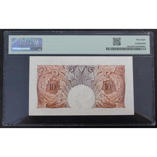 1 - PMG AU58, Bank of England red/brown 10 shilling note, C.P. Mahon, B210. S/N Z45 793733. A delightful... 