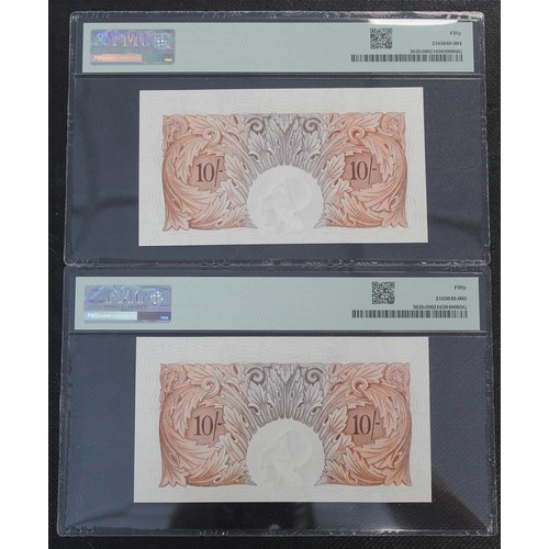 2 - PMG AU50, Bank of England red/brown 10 shilling notes comprised of a serial number pair, B.G. Catter... 