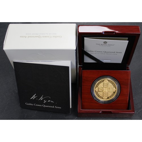 174 - 2021 Gold proof 2oz £200 featuring the Gothic Crown Quartered Arms, Elizabeth II. Part of the Great ... 