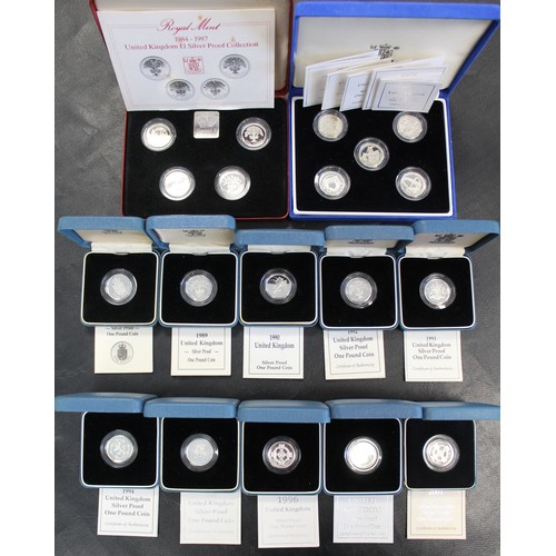 232 - Silver proof £1 coins (19) comprising 1984-1987 4-coin set, 1988, 1989, 1990, 1992, 1993, 1994, 1995... 