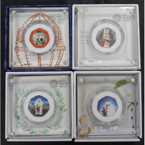 222 - Silver proof 50p coins (4) all with young collector interest comprising 2018 Flopsy Bunny, 2019 Wall... 