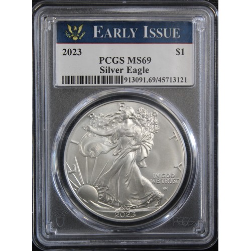 319 - USA, 2023 1oz silver eagle $1, PCGS MS69. Struck at the Philadelphia Mint. Presented in Early Issue ... 