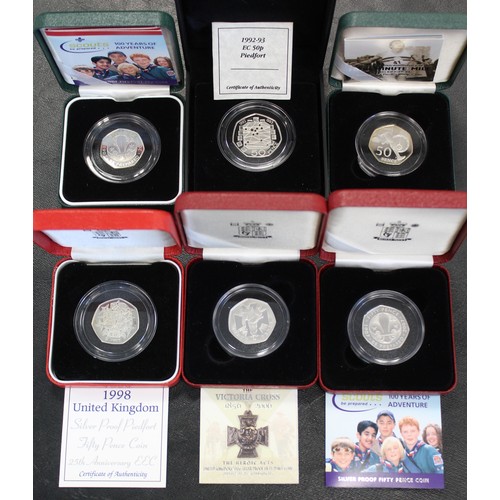 224 - Silver proof piedfort & silver proof 50p coins (6) comprising 1992-1993 Dual date EEC piedfort, ... 