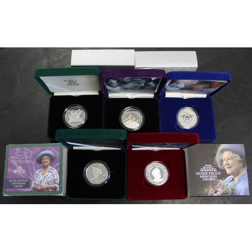 255 - Silver proof piedfort £5 coins (5) comprising 2000 Queen Mother Centenary, 2002 Queen Mother Memoria... 