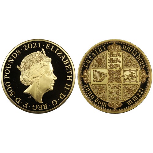 178 - 2021 Gold proof 5oz £500 featuring the Gothic Crown Quartered Arms, Elizabeth II. Part of the Great ... 