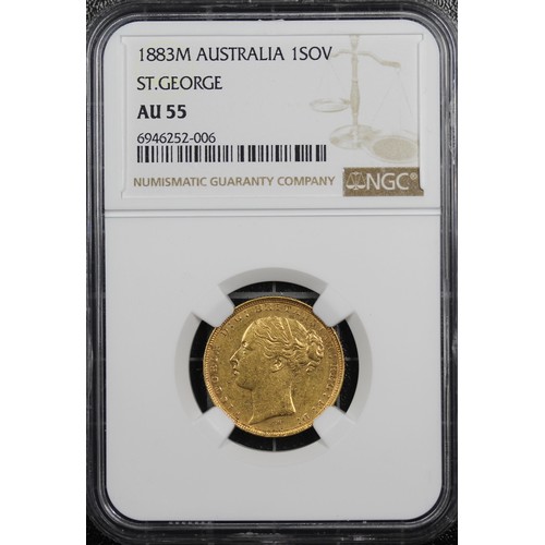 152 - 1883-M Sovereign, NGC AU55, Victoria young head (M below, Melbourne Mint, Australia) with WW full on... 