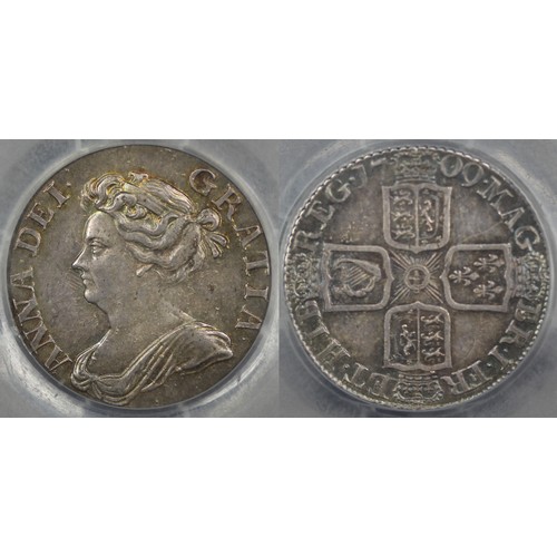 71 - 1709 Shilling, CGS 78, Queen Anne. Third bust, 6 strings in harp, plain angles. Electric blue periph... 